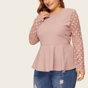 Plus Dot Mesh Sleeve Peplum Hem Blouse
